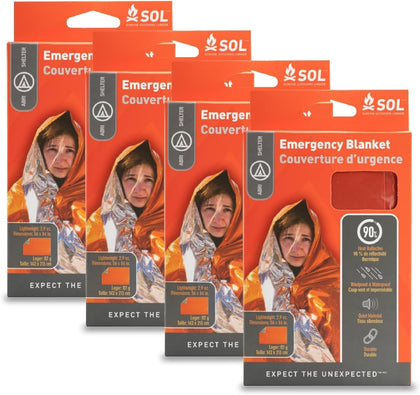 SOL 90% Heat Reflective Emergency Blanket, Orange, 56" x 84", 4 Pack | Vacuum-Metalized Polyethylene Blanket Resists