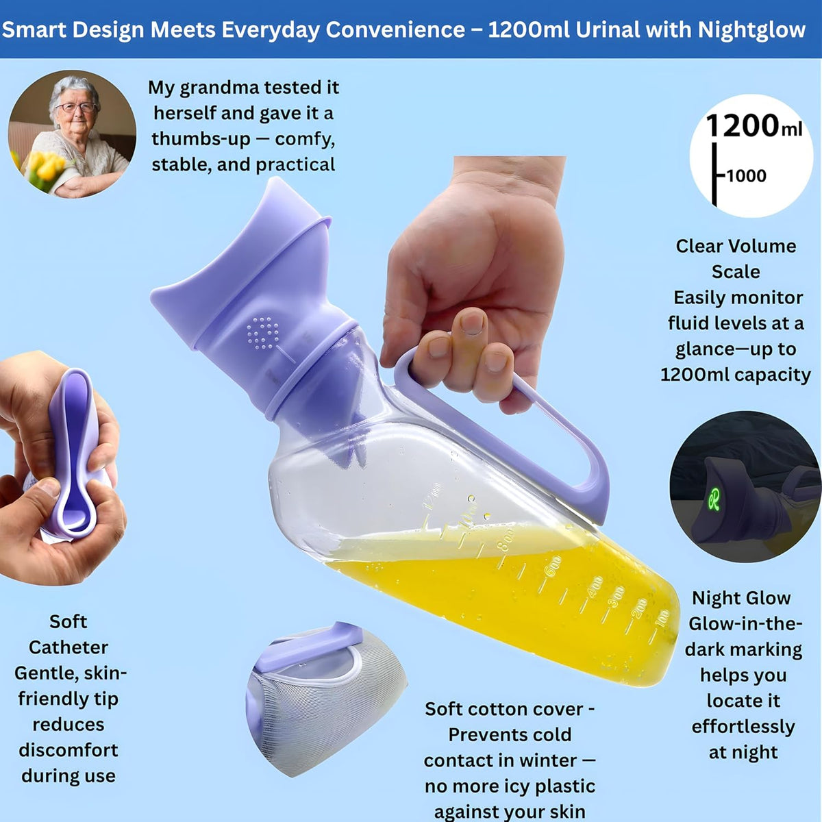Female Urinal for Women 40oz/1200ml Soft Silicone Spill Proof Urine Bottle