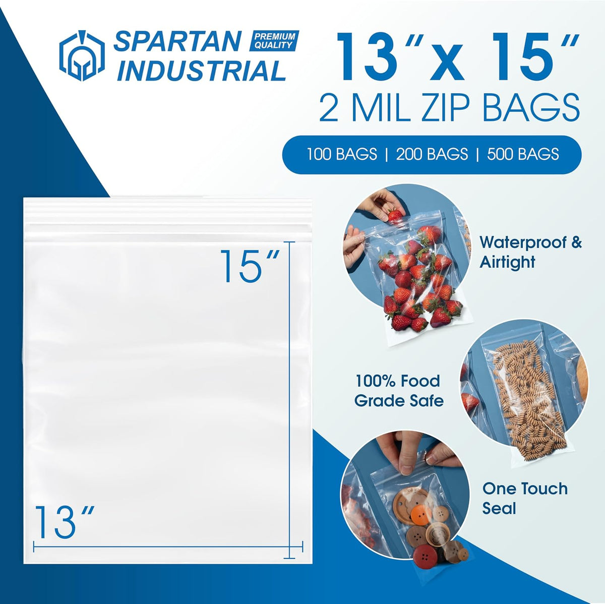 13" X 15" (100 Count) 2 Mil Clear Reclosable Zip Plastic Poly Bags