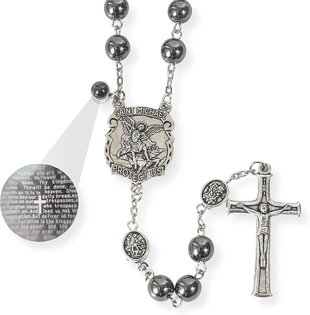 Nazareth Store Hematite Rosary Black Stone Beads Necklace Projection Our Father Prayer Medal with St. Michael