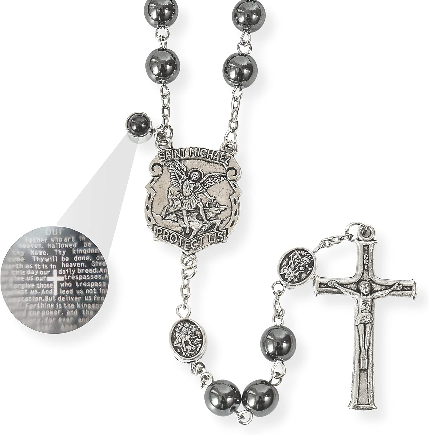 Nazareth Store Hematite Rosary Black Stone Beads Necklace Projection Our Father Prayer Medal with St. Michael