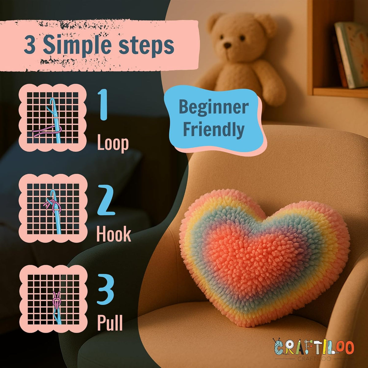 Latch Hook Kit for Kids - Rainbow Heart Rug Pillow Craft, Ages 6+