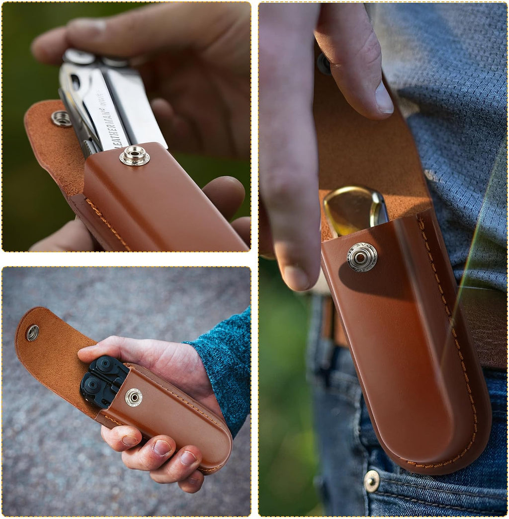 4 Inch Leather Pocket Knife Sheath for Belt Carry | Genuine cowhide folding knife pouch with snap closure for