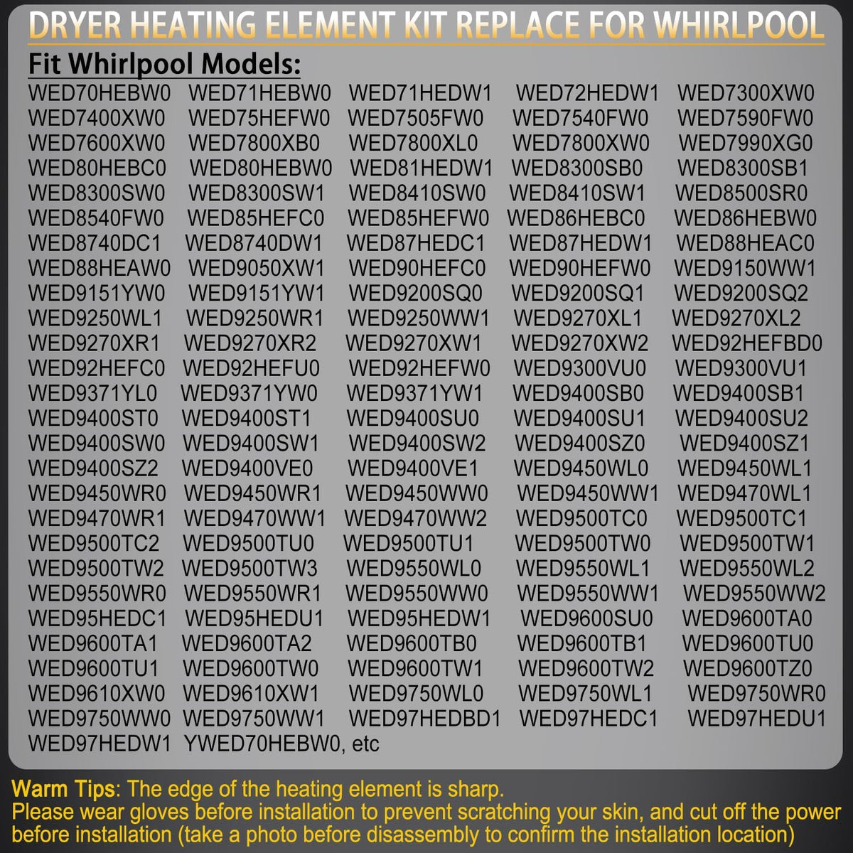 WED86HEBW0 WED8740DW1 WED92HEFC0 Dryer Heating Element Kit for Whirlpool