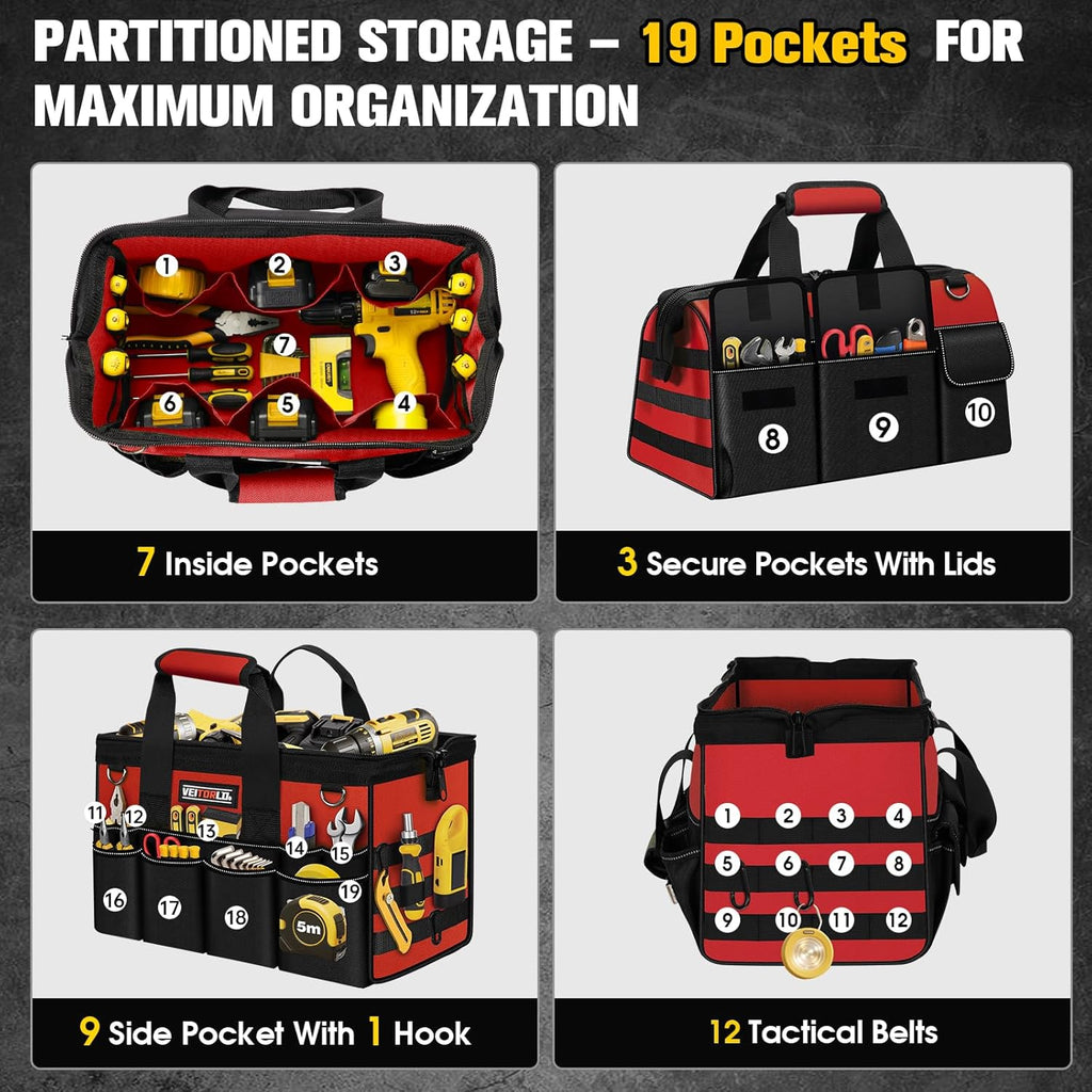 16-Inch Heavy Duty Tool Bag, 19-Pockets Tool Box Organizer, Portable Toolbag W/Soft Handle for Organized Storage