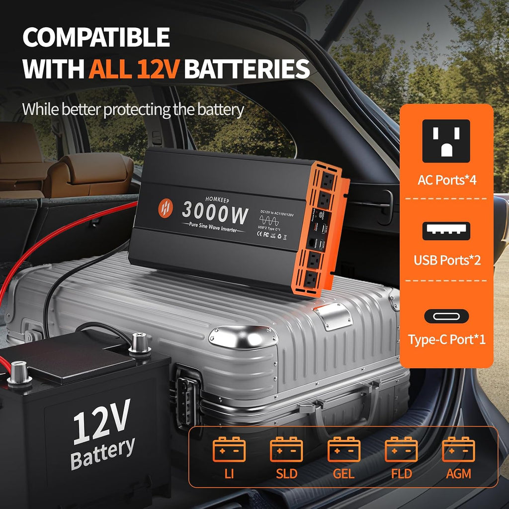 Power Inverter 12V DC to 110V AC Converter for RV Truck Off-Grid Solar Car Inverter (3000W-007)