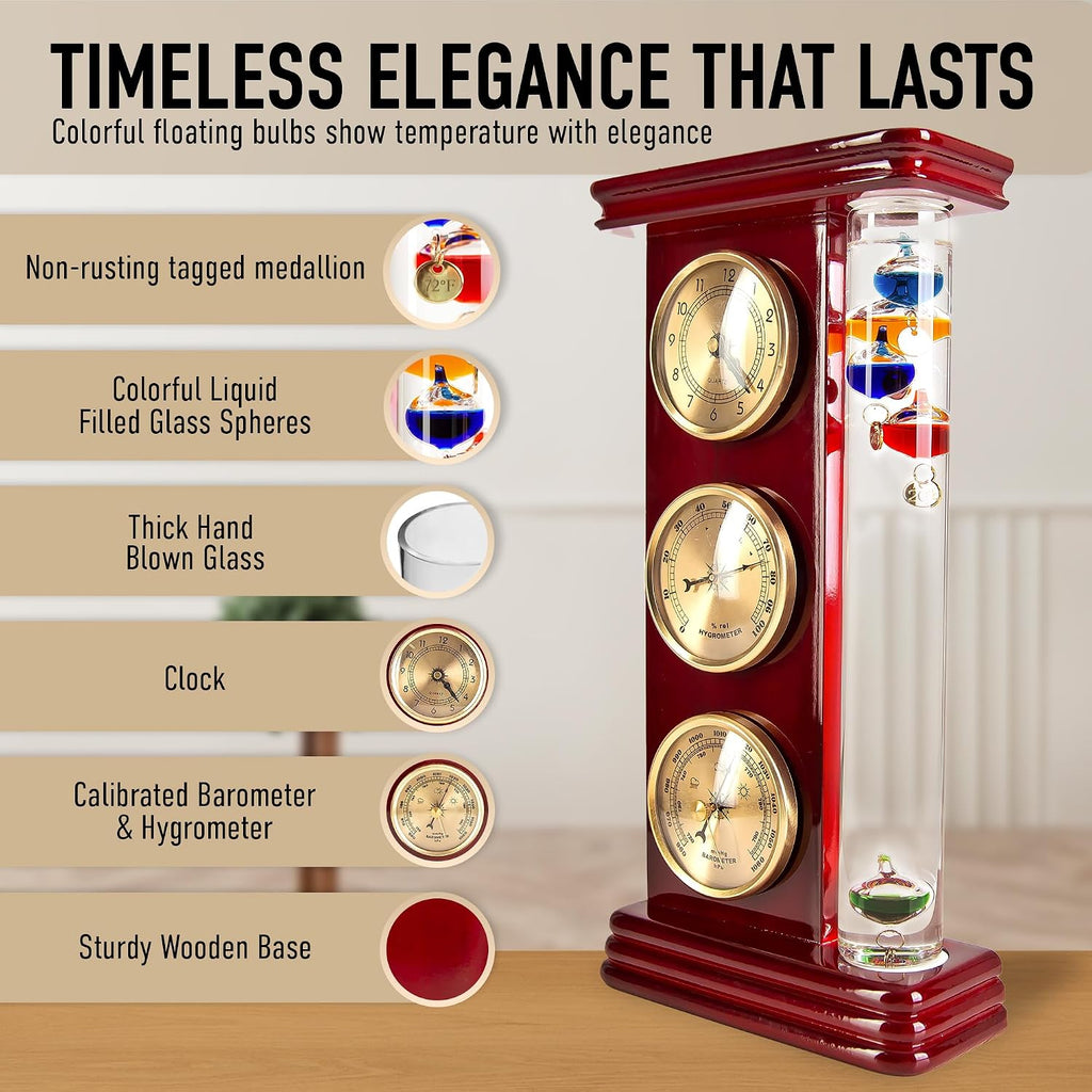 Classic Analog Weather Station with Galileo Thermometer,Barometer,Hygrometer,and Precision Quartz Clock.Home