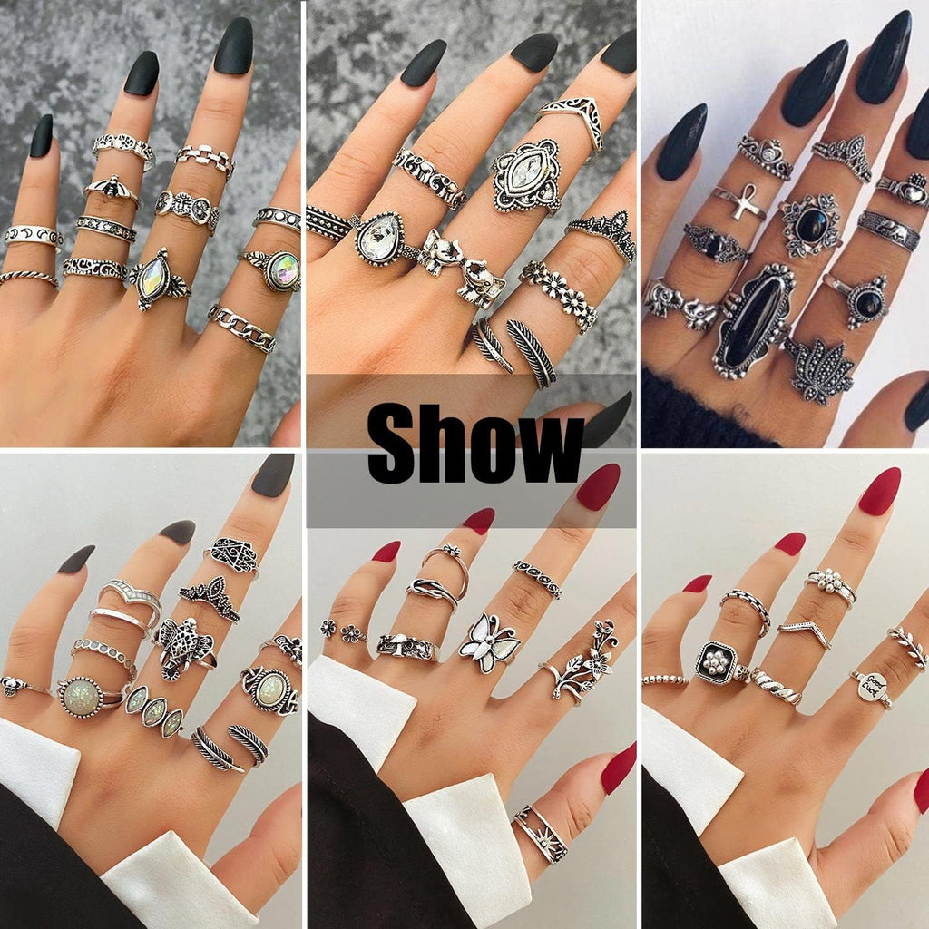 Vintage Silver Knuckle Rings Set for Women Men, Chunky Rings Aesthetic Snake Grunge Stackable Gothic Ring Adjustable