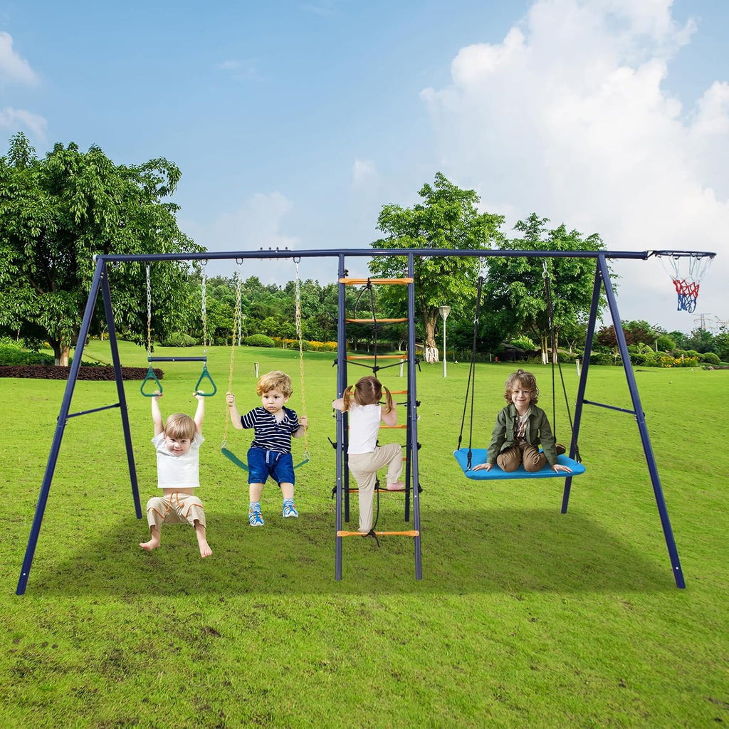 A-Frame Metal Swing Sets for Backyard, 6 in 1 Outdoor Playset with Climbing Ladder, Climbing Net, Trapeze Bar