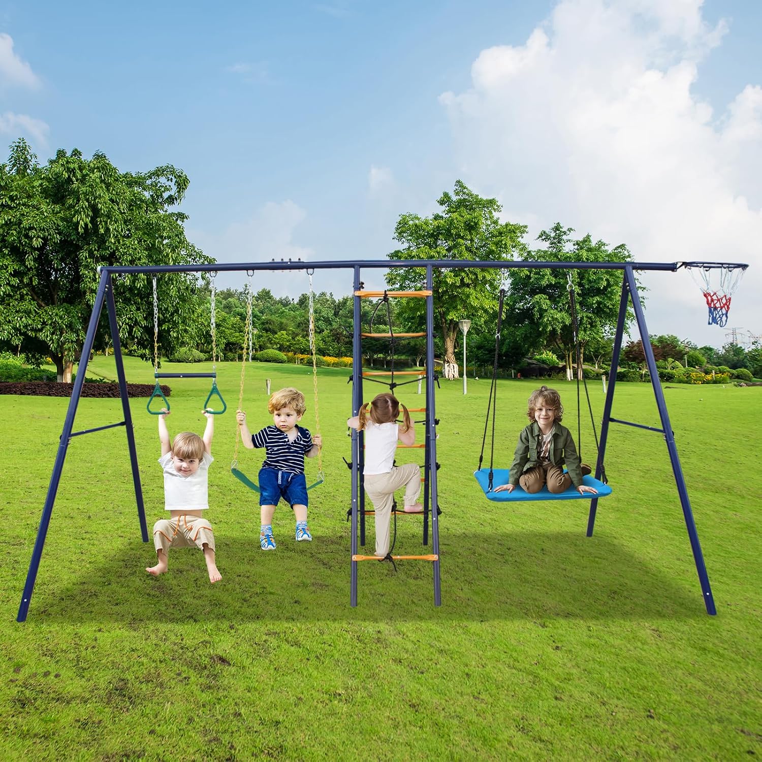 A-Frame Metal Swing Sets for Backyard, 6 in 1 Outdoor Playset with Climbing Ladder, Climbing Net, Trapeze Bar