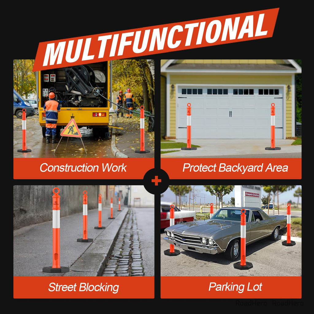 45 Inch Orange Delineator Post with Base, 3 Pack | Traffic Delineator Posts Cones, Visibility Reflective Collars