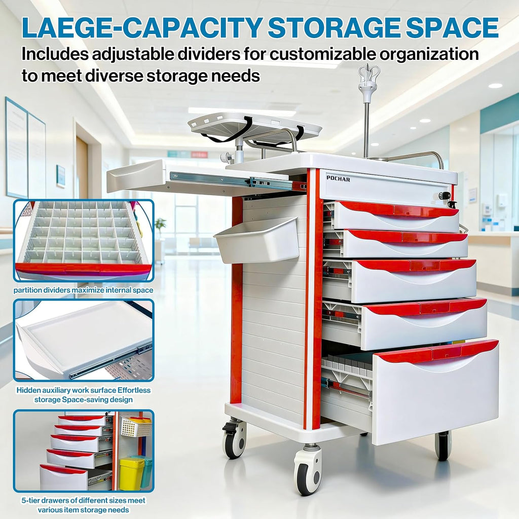 Medical Crash Cart with Emergency Accessory - Cardiac Board, IV Pole, O2 Holder, Power Strip, Trash Bin, Drawers with