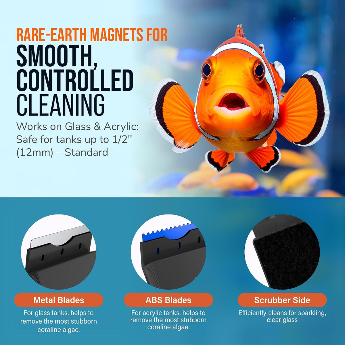 Flipper Edge Standard Magnetic 2-in-1 Aquarium Cleaner for Glass and Acrylic Tanks up to 1/2" (12mm) Thick – Dual
