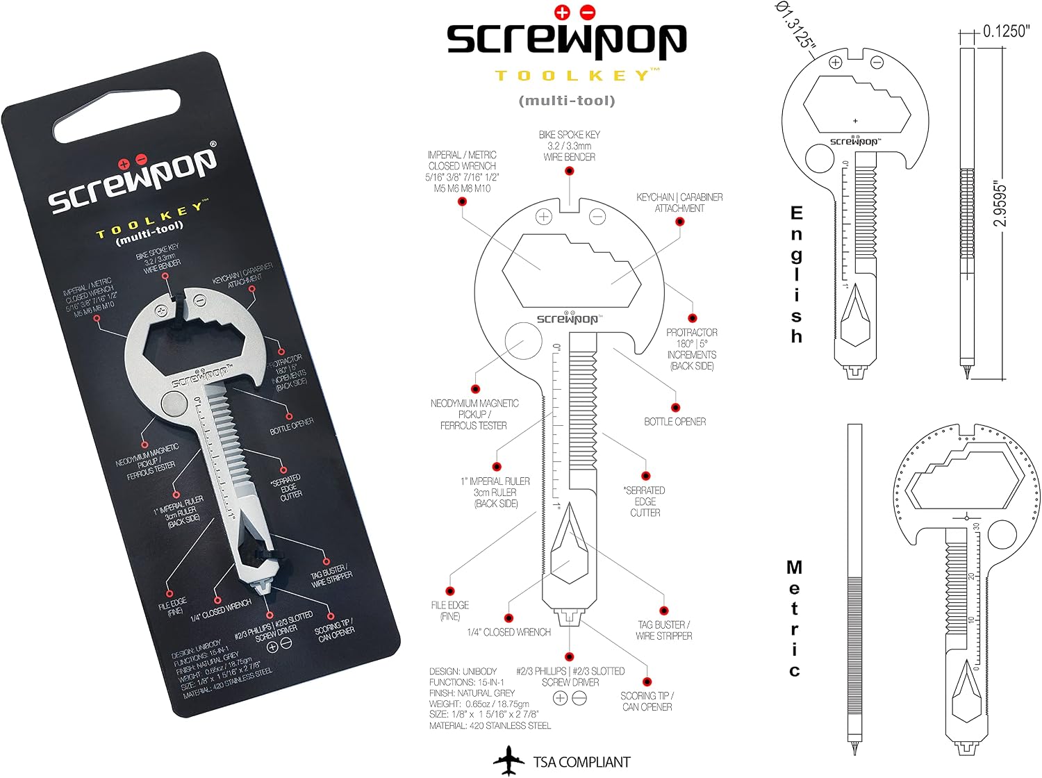 Toolkey 15-in-1 Multi-Tool Ultra Thin Lightweight for Keychain and Carabiner Stainless Steel Silver