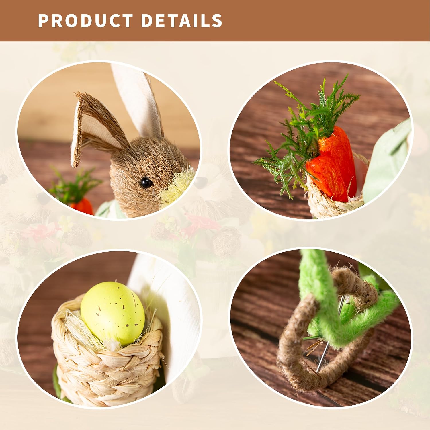 Easter Decor Bunny Bicycle Figurines 10.6 Inch, Easter Bunny Decor with Carrot, Eggs & Flowers, Straw Bunny Couple