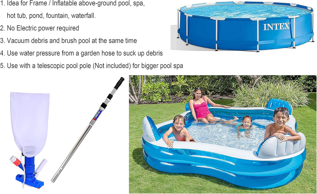 Pool Spa Jet Vacuum Cleaner w/Brush for Frame Above Ground/Inflatable Pools, Spa, Hot Tub Vacuuming, Use Water