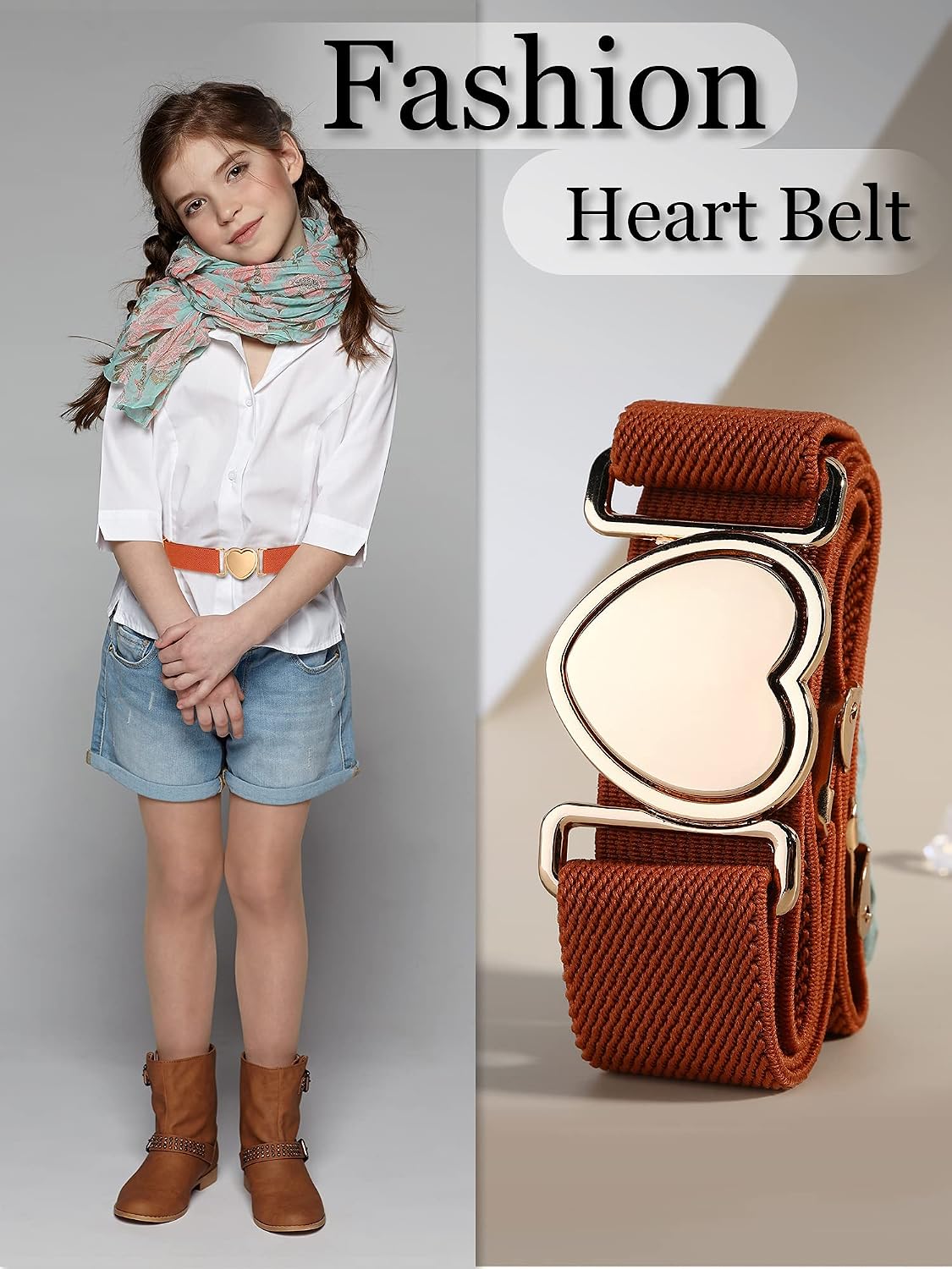 3 Pieces Girl Belts Kids Toddler Belt Elastic Stretch Adjustable Heart for Girls (Pink, White, Brown), approx.1 inch/