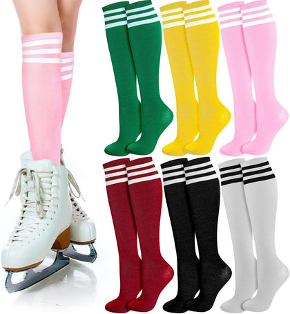 6 Pairs Knee High Socks for Women Uniform Team Outfit, Multicolor | Athletic Long Tube Socks with Colorful Stripes