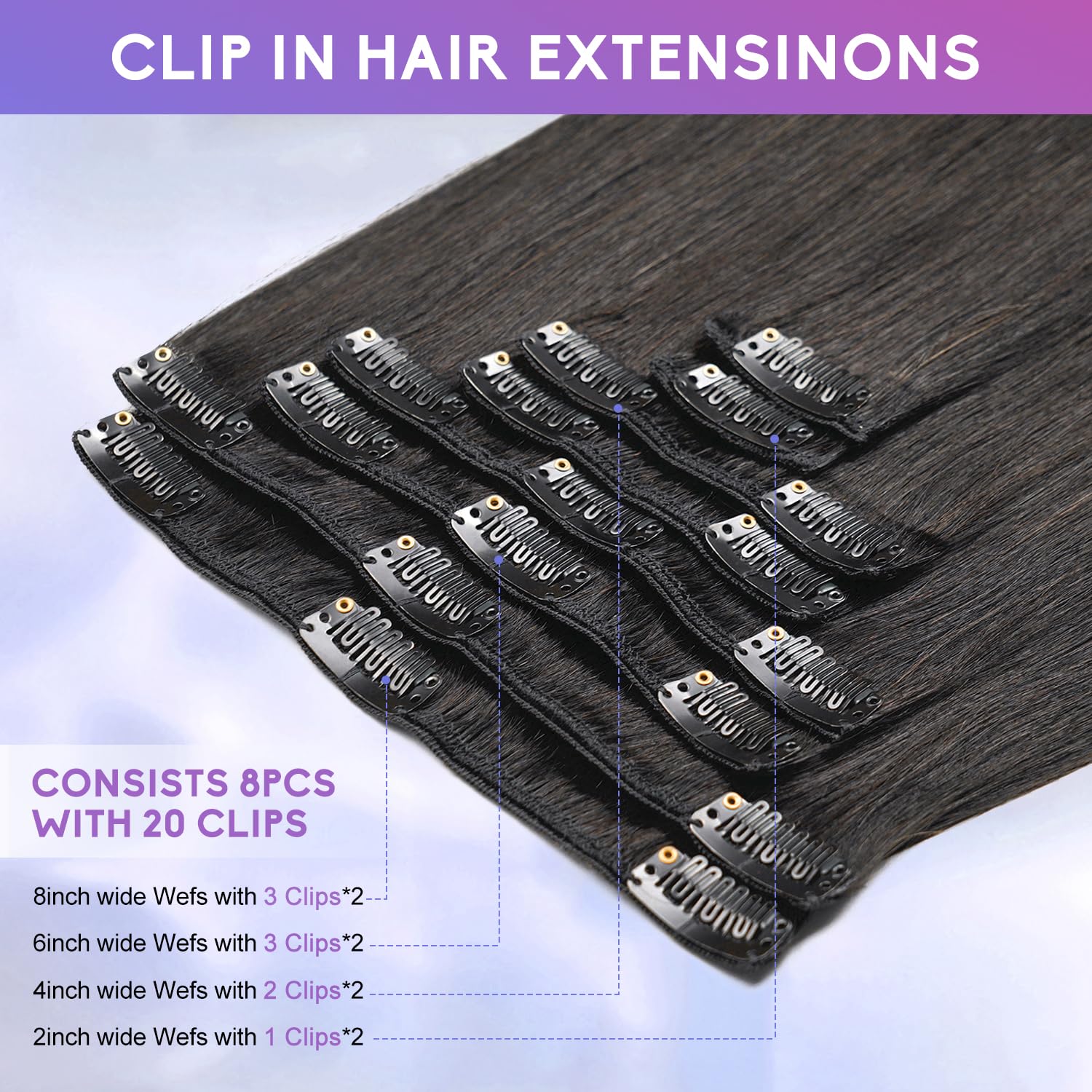Clip in Hair Extensions Real Human Hair, 18 Inch 100g/3.6oz, 1B Natural Black, Invisible Seamless Straight Remy Human