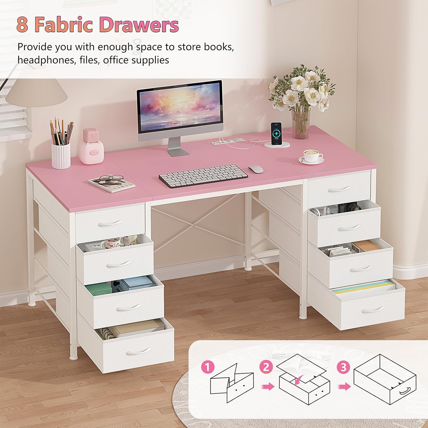 50 Inch Computer Desk with 8 Drawers, Home Office Desk with Power Outlets, Work Study Gaming Desk with 8 Fabric
