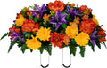 30" Headstone Flower Saddle Artificial Cemetery Flowers - Gravesite Flowers - Orange Peonies, Purple Lilies, and