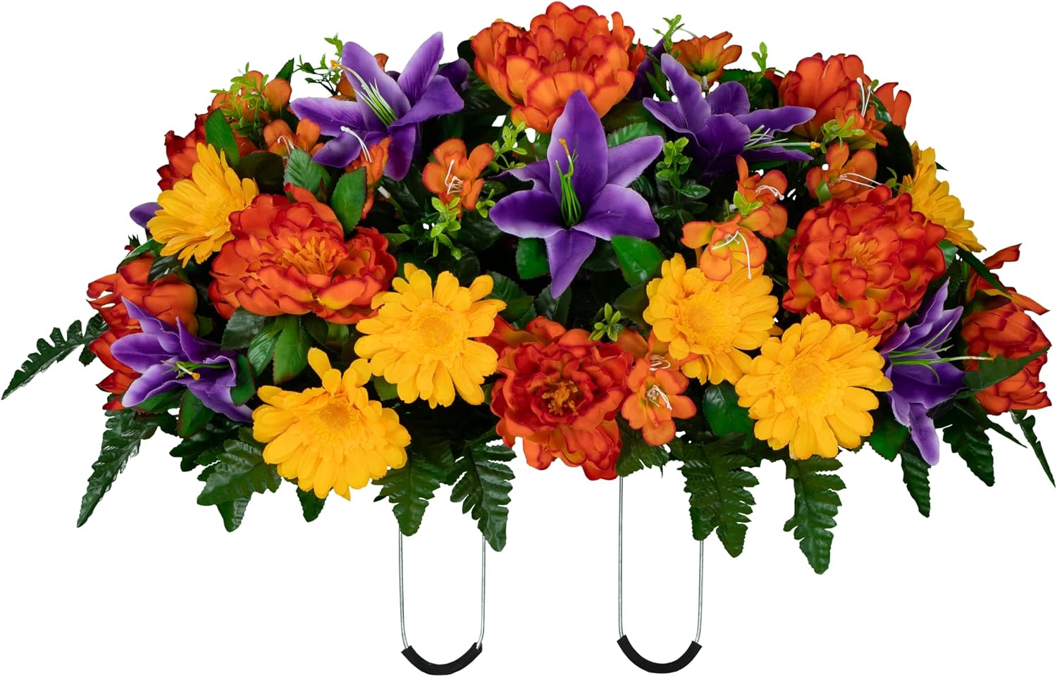 30" Headstone Flower Saddle Artificial Cemetery Flowers - Gravesite Flowers - Orange Peonies, Purple Lilies, and