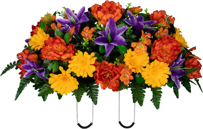 30" Headstone Flower Saddle Artificial Cemetery Flowers - Gravesite Flowers - Orange Peonies, Purple Lilies, and