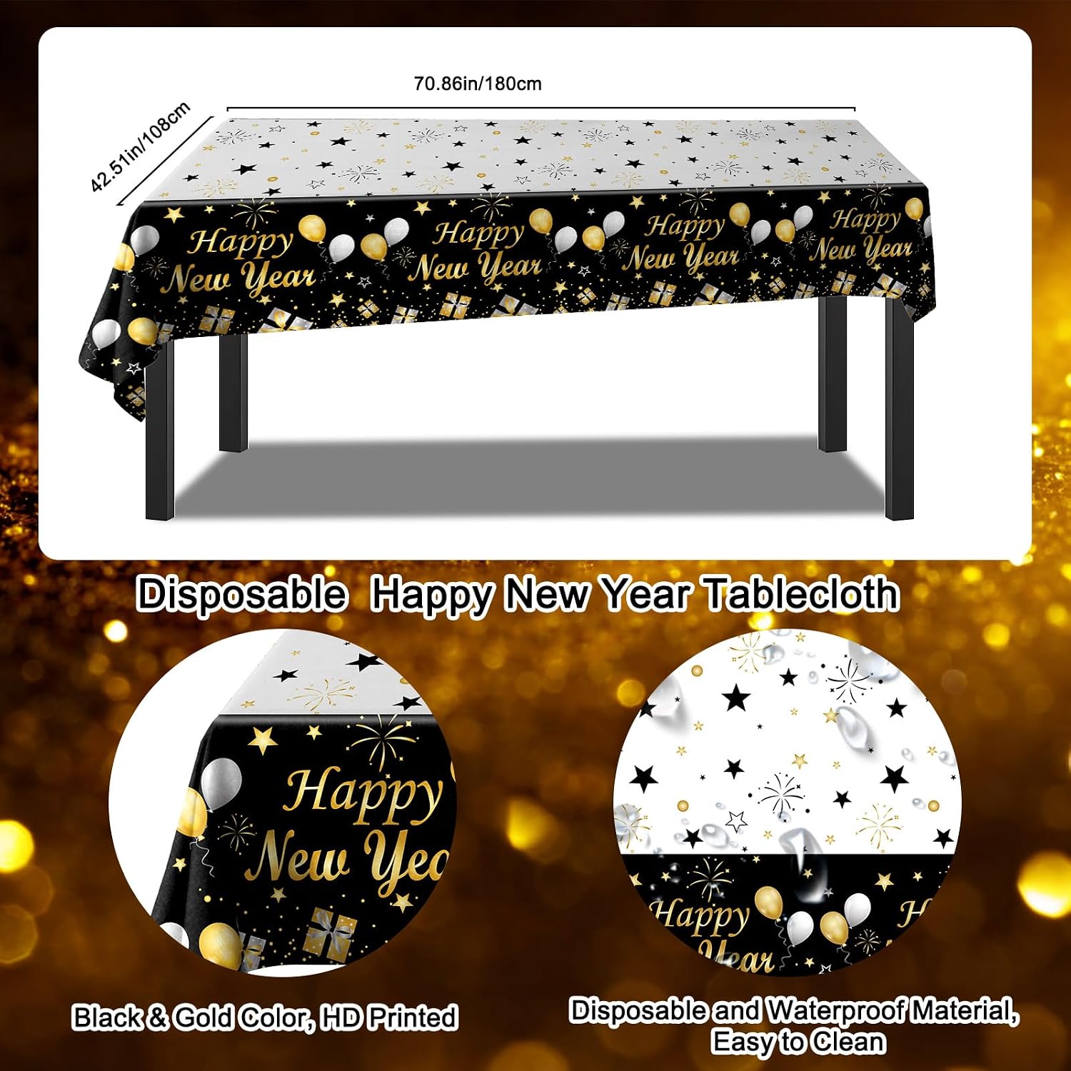 Happy New Year Decorations 2026, New Years Eve Party Supplies 2026 Black and Gold Happy New Year Banner Backdrop New