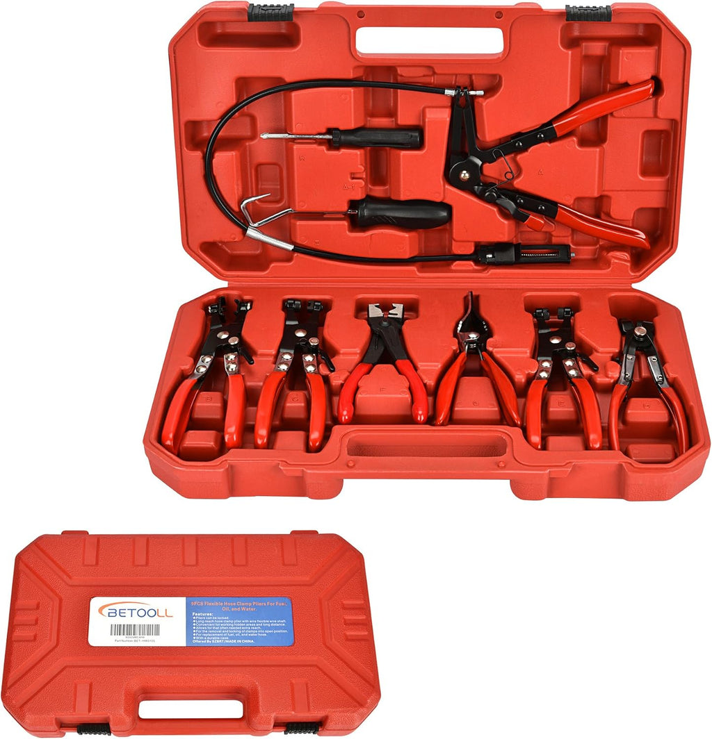 9pc Hose Clamp Pliers, Professional Automotive with Flexible Wire Long Reach, Clic R Type Swivel Jaw and Flat Band