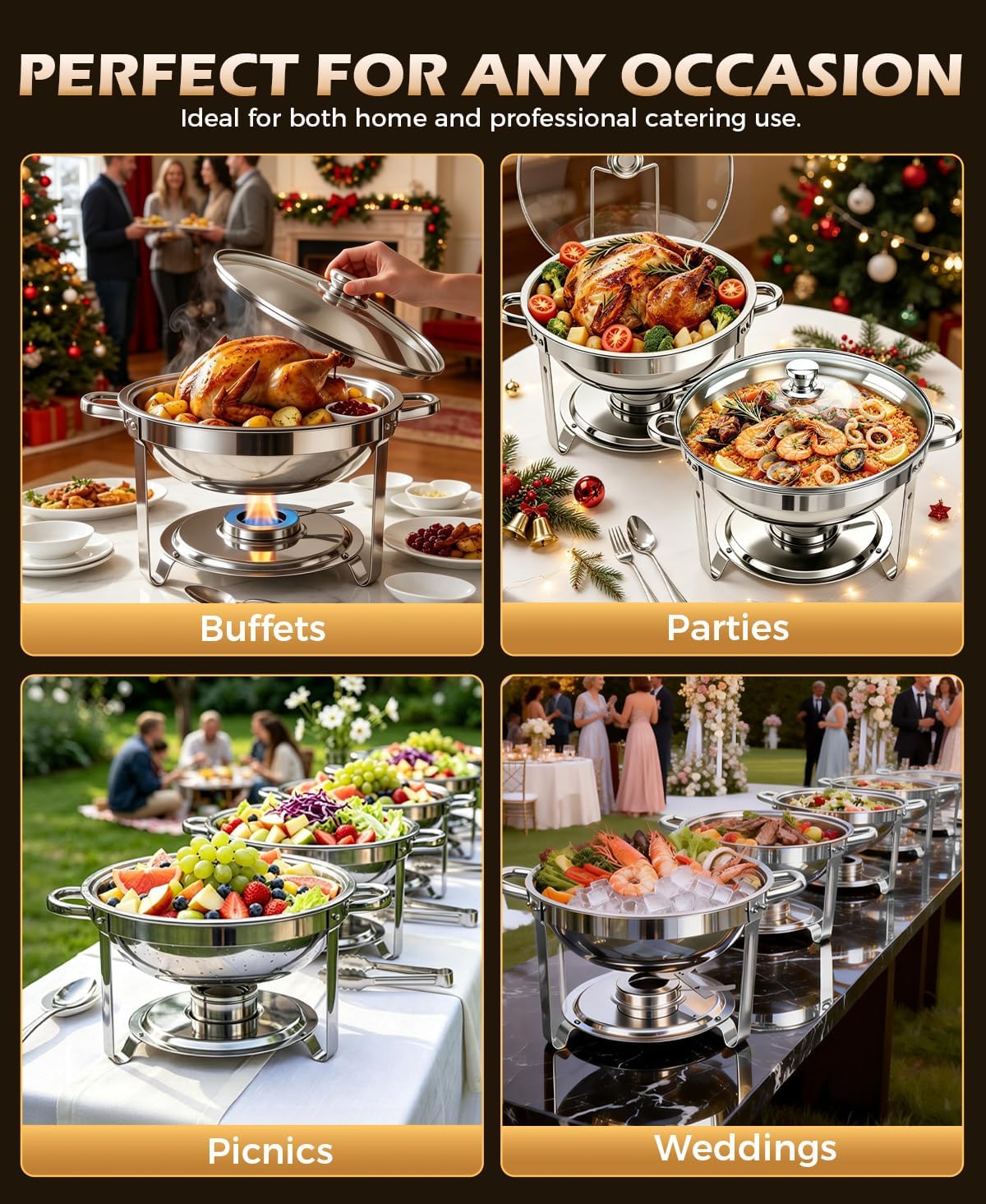Chafing Dishes for Buffet, 2 Pack 5QT Round Stainless Steel Chafing Dish Set, Food Warmers for Parties Buffet for