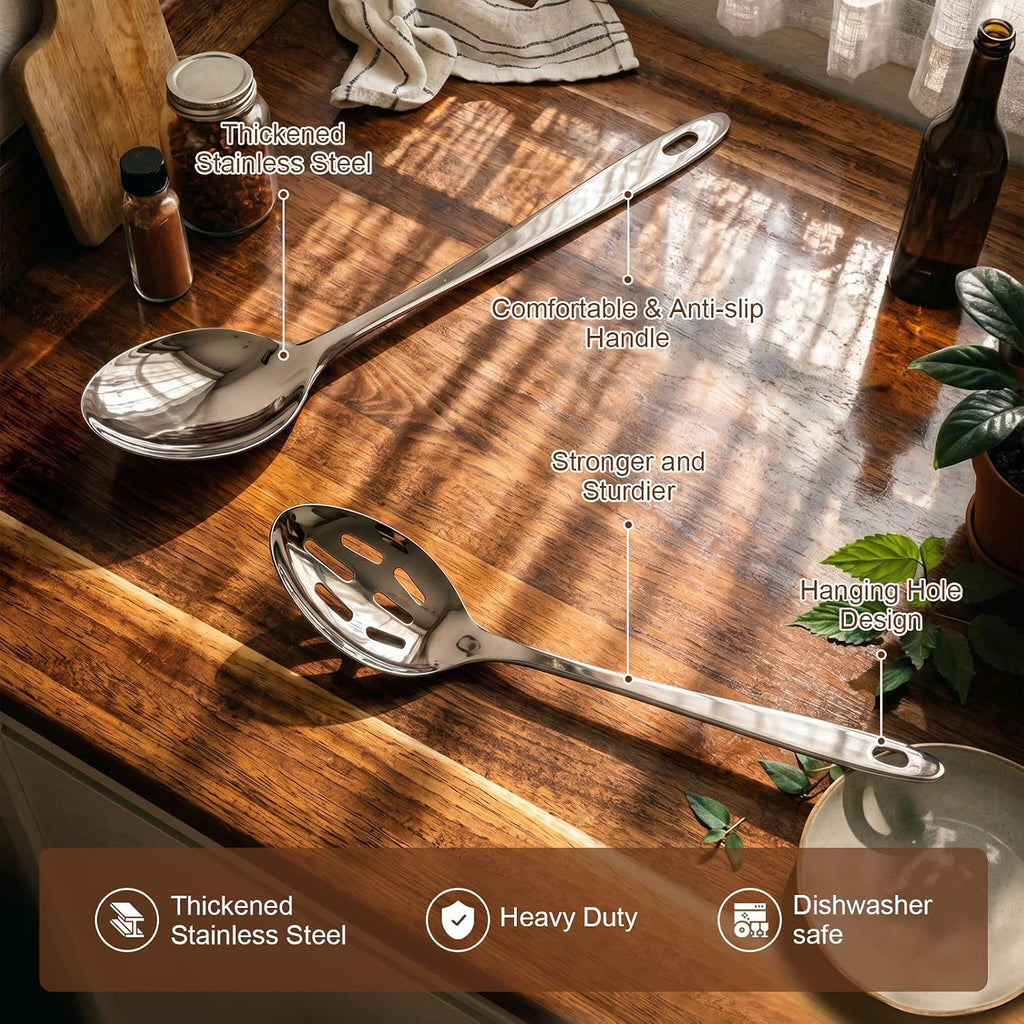 2PCS Stainless Steel Serving Spoons Set, Solid & Slotted