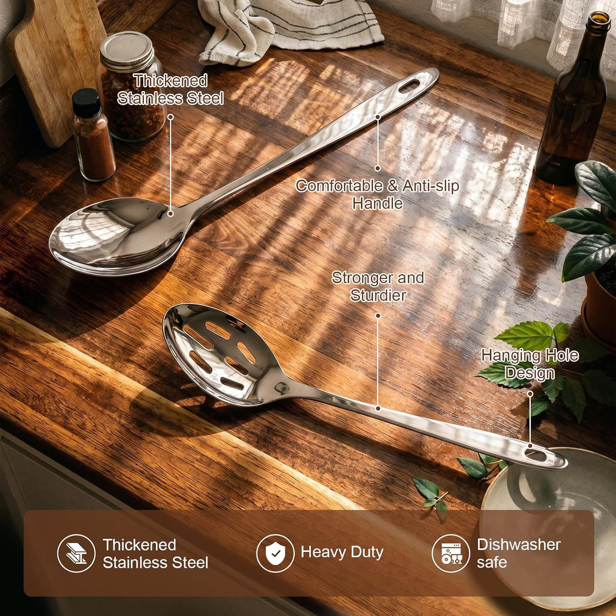 2PCS Stainless Steel Serving Spoons Set, Solid & Slotted