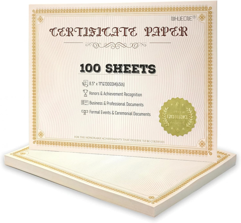 100 Sheets Printable Certificate Paper with Gold Seal Stickers | 8.5'' x 11", 130gsm Heavy Cardstock Compatible with