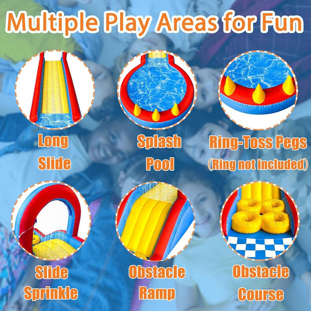 31FT Long Inflatable Water Slide,Water Park with Obstacle Courses,Climbing Ramp,Splash Pool & Overhead Sprinkle