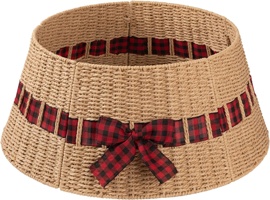 Christmas Tree Collar, Wicker Holiday Tree Skirt & Stand Base Cover,Paper Rope Christmas Decor with a Bow Tie