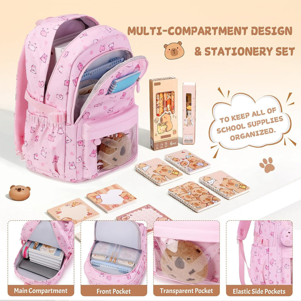 Capybara Theme Backpack for School Girls, 35PCS Kids Backpack Set with School Supplies Stationery Kit Lunch Box