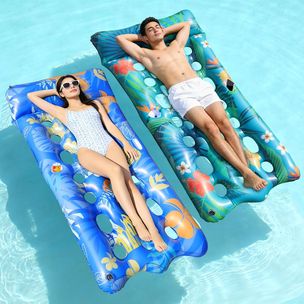Pool Floats Lounger, 2 PCS 72''x35'' Ultra-Comfort Pool Rafts for Adults with Cooling Headrest and Cup Holders, Pool