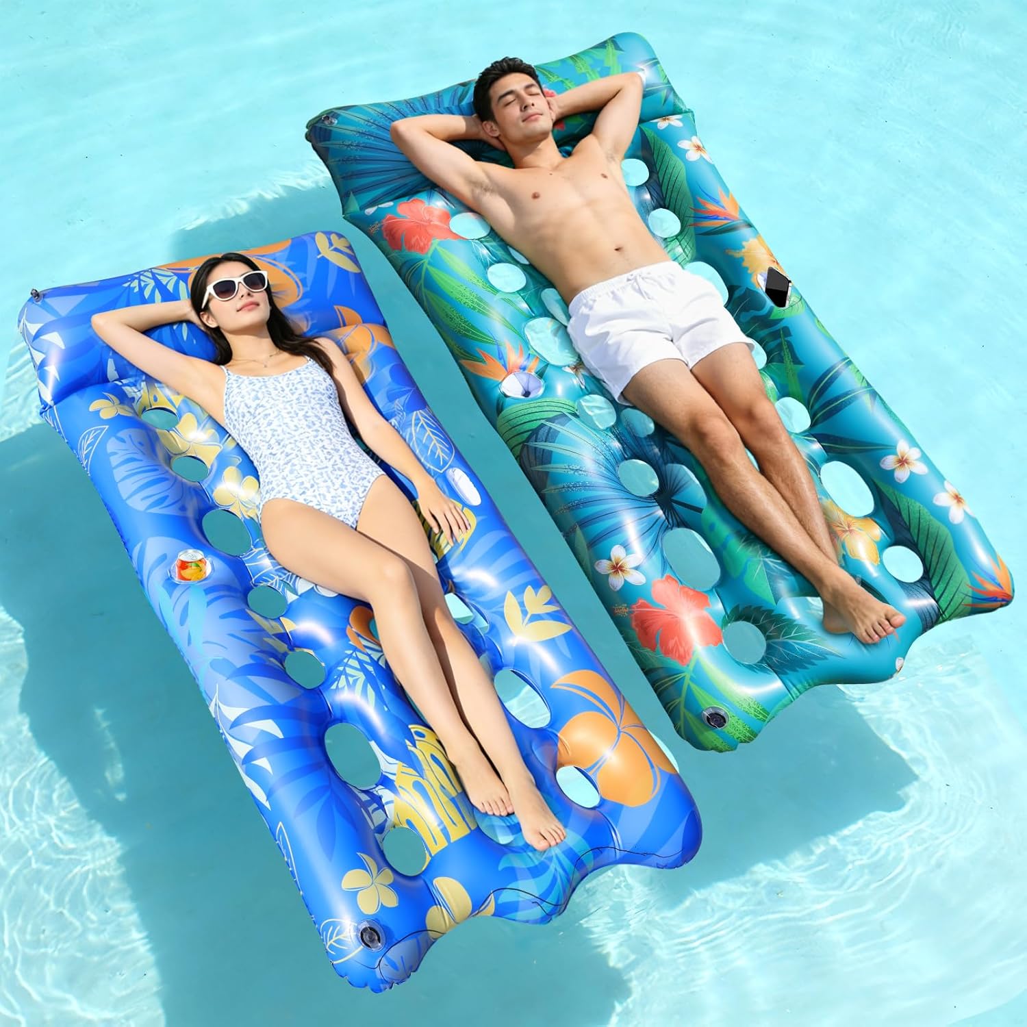 Pool Floats Lounger, 2 PCS 72''x35'' Ultra-Comfort Pool Rafts for Adults with Cooling Headrest and Cup Holders, Pool