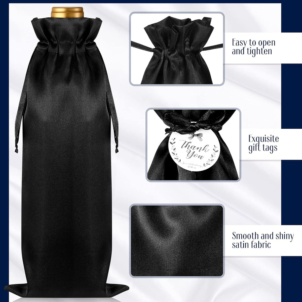 12 Pcs Black Satin Wine Gift Bags, Gift Giving
