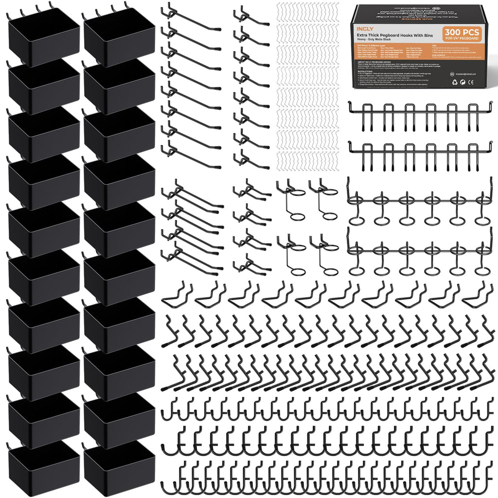 300 PCS Heavy Duty Pegboard Hooks Accessories Kit with Pegboard Bins