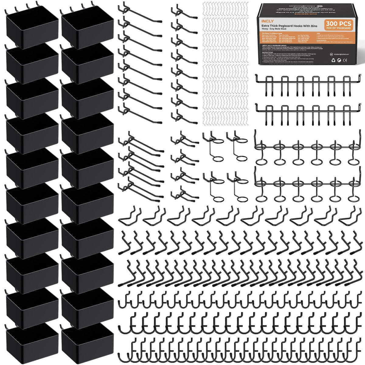 300 PCS Heavy Duty Pegboard Hooks Accessories Kit with Pegboard Bins