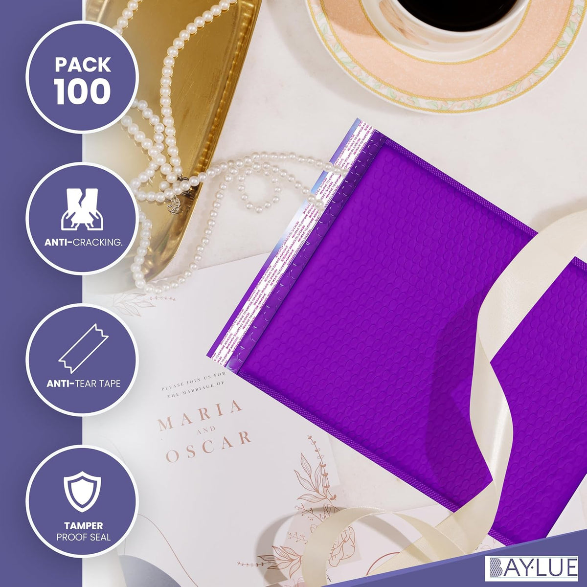 Purple Bubble Mailers 10x13, Self Seal Poly Padded Envelopes, 100 Pack Bulk