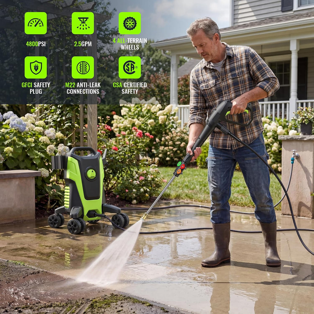 Electric Pressure Washer 4800PSI 2.5 GPM High Power Washer with 4 Lockable Swivel Wheels, Foam Cannon, 4 Nozzles