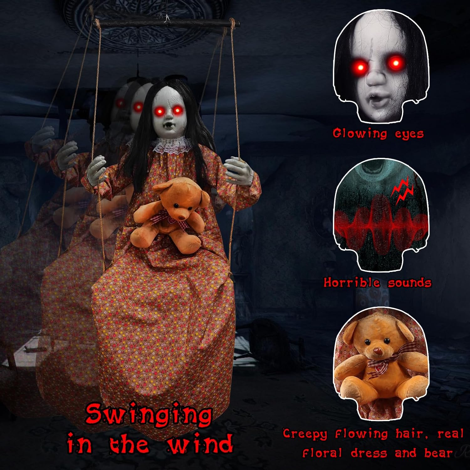 Scary Halloween Decorations Outdoor Hanging Swinging Doll Girl | Sound & Slap Activated, Light Up Eyes Creepy Sound