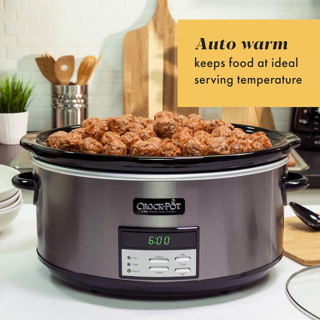 Large 8-Quart Programmable Slow Cooker with Auto Warm Setting Black Stainless Steel