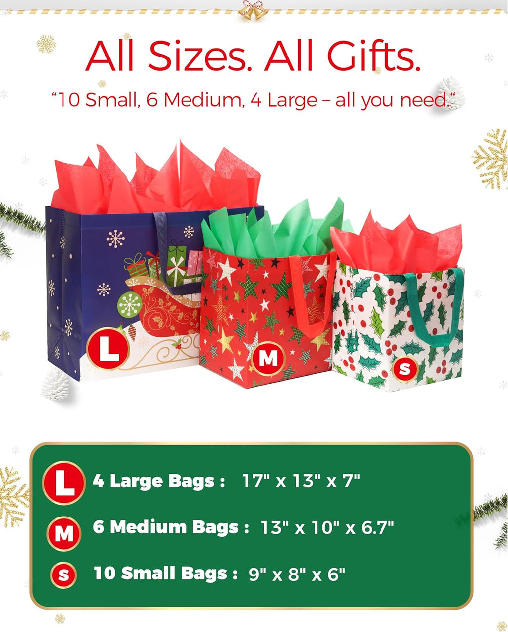 20 Pack Assorted Size Christmas Gift Bags with Tissue Paper