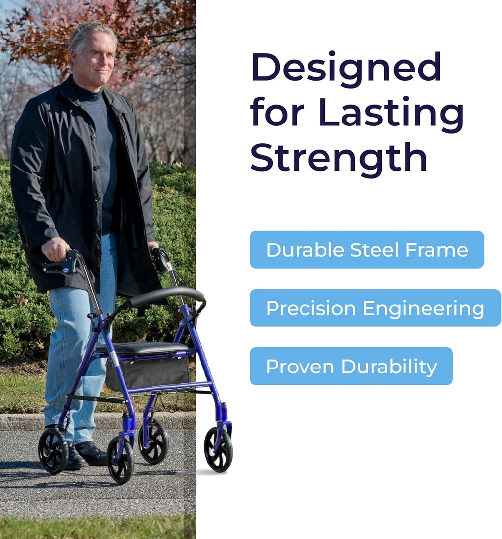 Rollator Walker with Seat - Stable Mobility Support - Height Adjustable - Durable Steel Frame Construction - Smooth