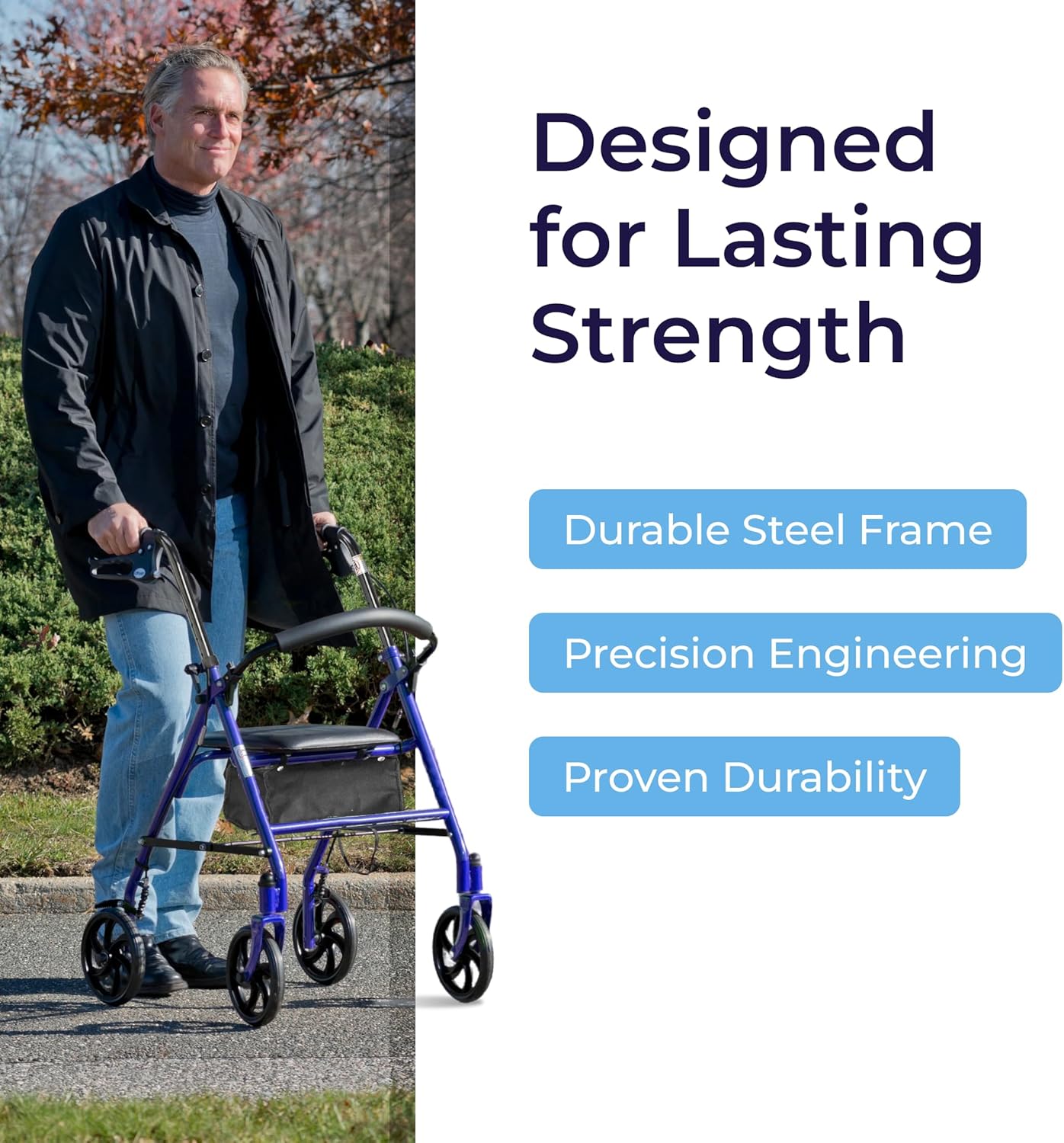 Rollator Walker with Seat - Stable Mobility Support - Height Adjustable - Durable Steel Frame Construction - Smooth