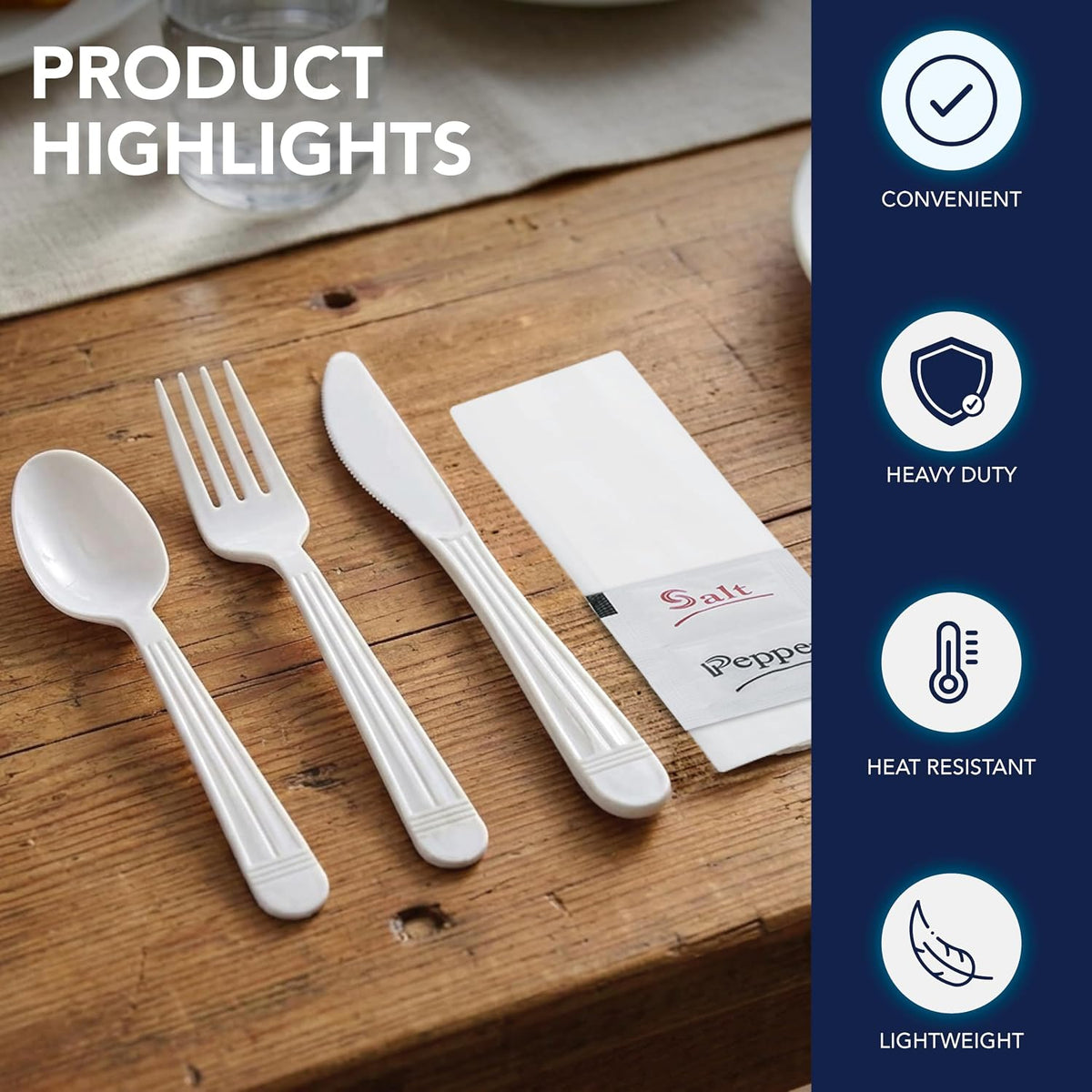 Individually Wrapped Plastic Cutlery Packets/Heavy Duty Silverware Kits, Fork/Spoon/Knife/Napkin/Salt/Pepper, 50