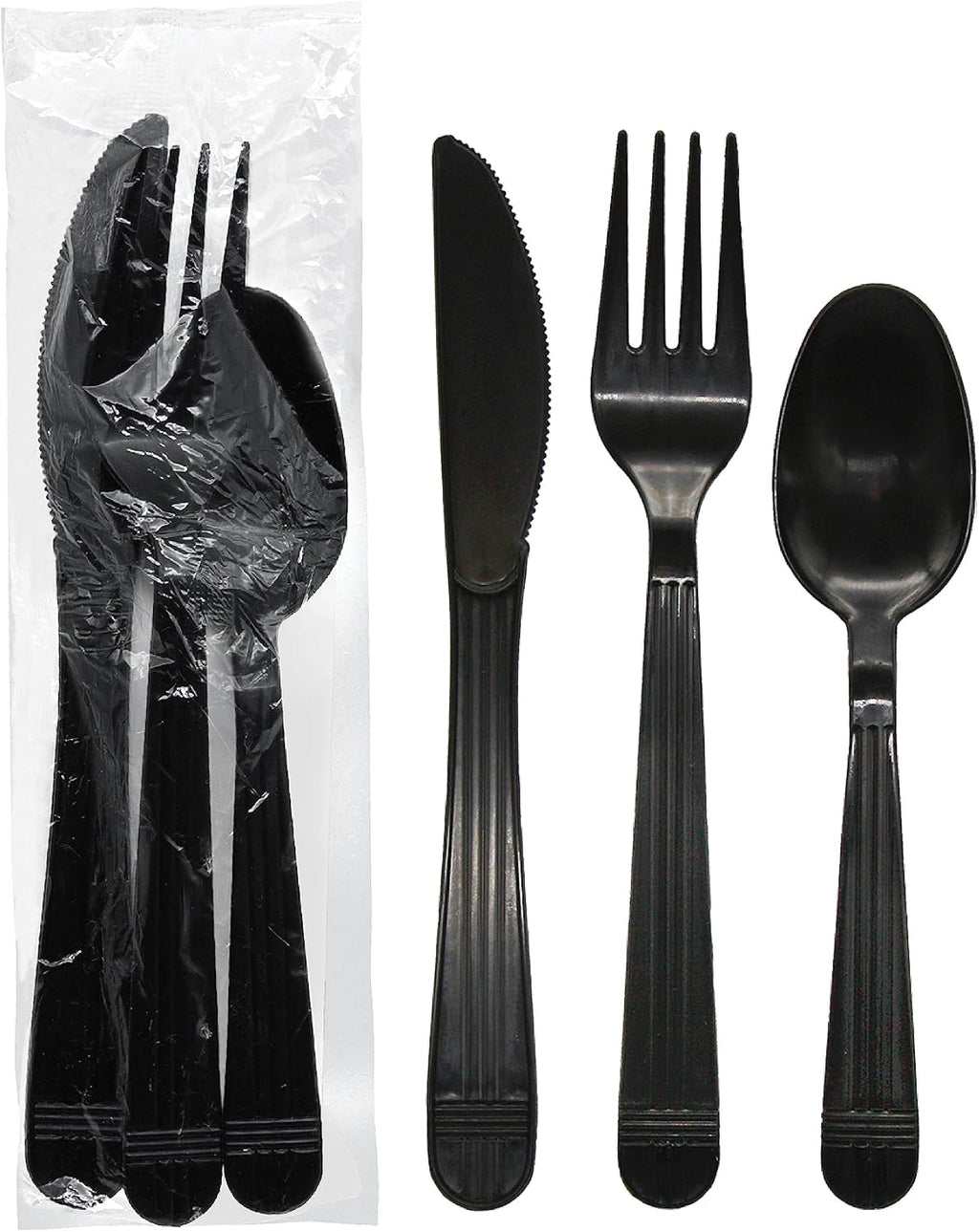 Individually Wrapped Heavy Duty Plastic Utensil Kits, 50 Sets for Party Catering, Fork/Spoon/Knife, Black